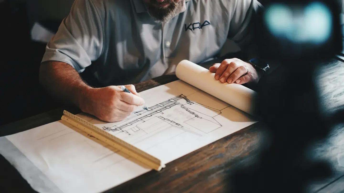 Craftsman reviewing workshop drawings